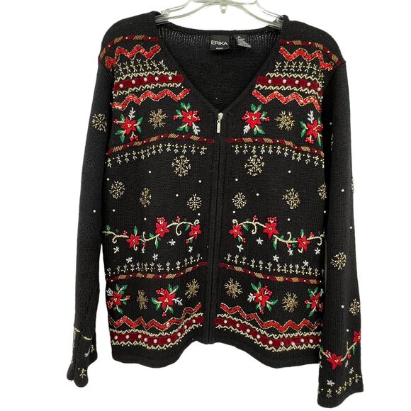 Vintage Erika Christmas Holiday Beaded Zip Up Cardigan Sweater Petite Large - Picture 1 of 3